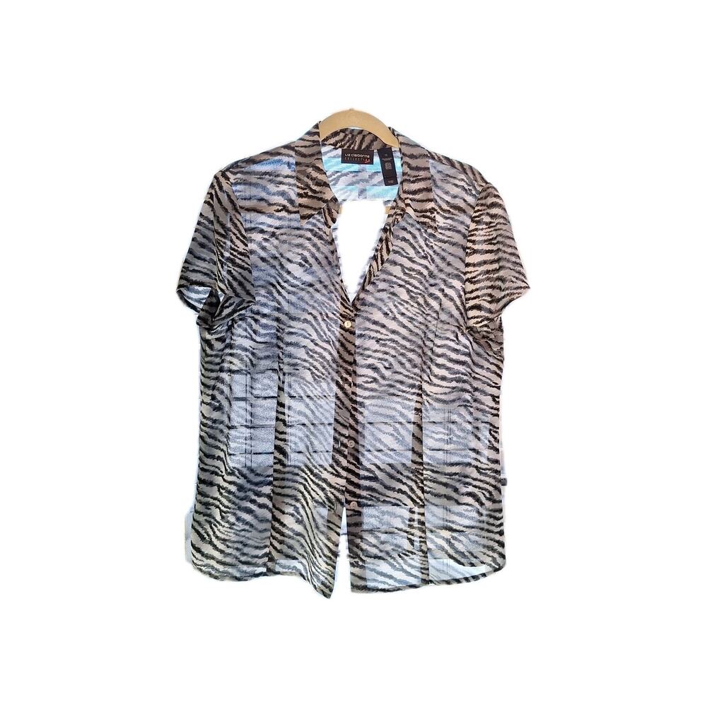 Liz Clairborne Size 12 Sheer Button Up Zebra Print Short Sleeve Blouse